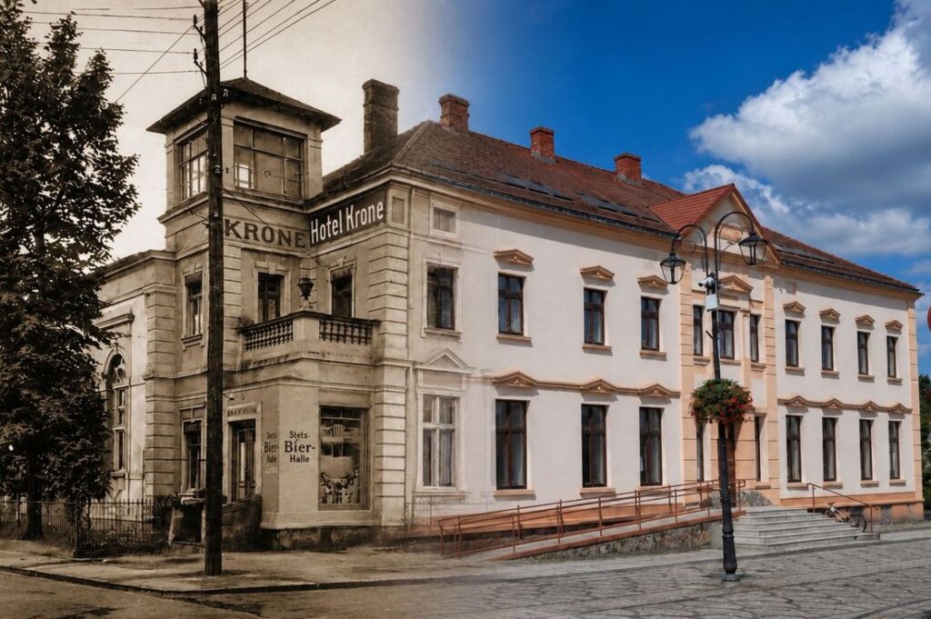 Po lewej budynek jako przedwojenny Hotel Krone na archiwalnym zdjęciu, po prawej współczesny, odnowiony Dom Kultury.